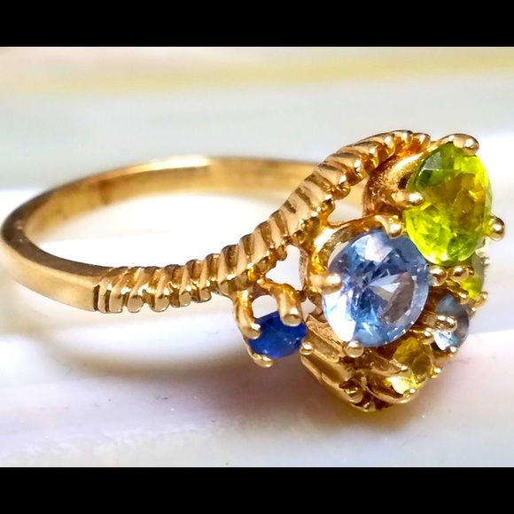 14K Yellow Gold band: Spinel, Aquamarine, Peridot, Topaz Gemstone Ring sz 8 - Picture 3 of 7